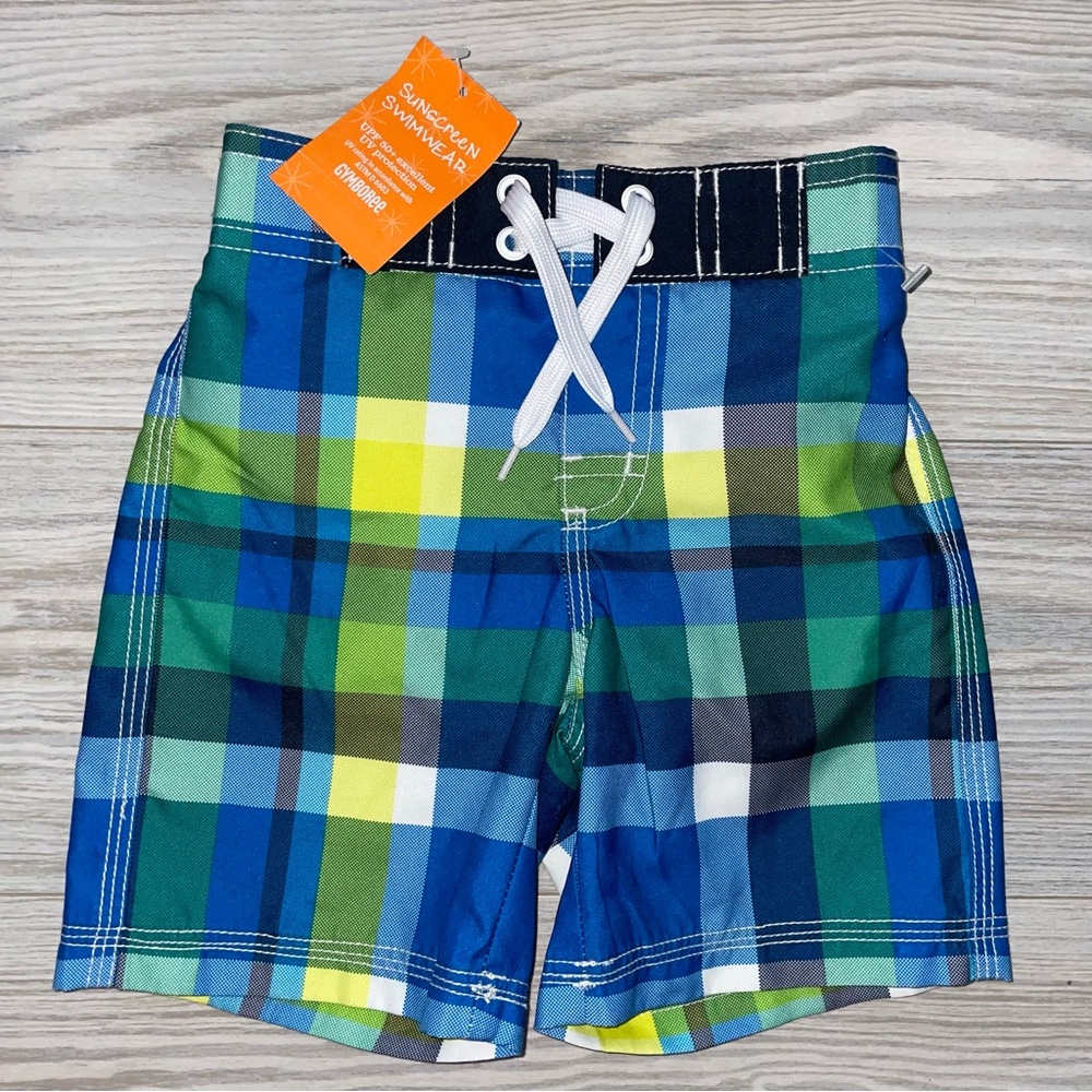 Gymboree Baby Boys Swim Trunks 18–24 Months Blue Yellow Plaid Mesh Lined NEW